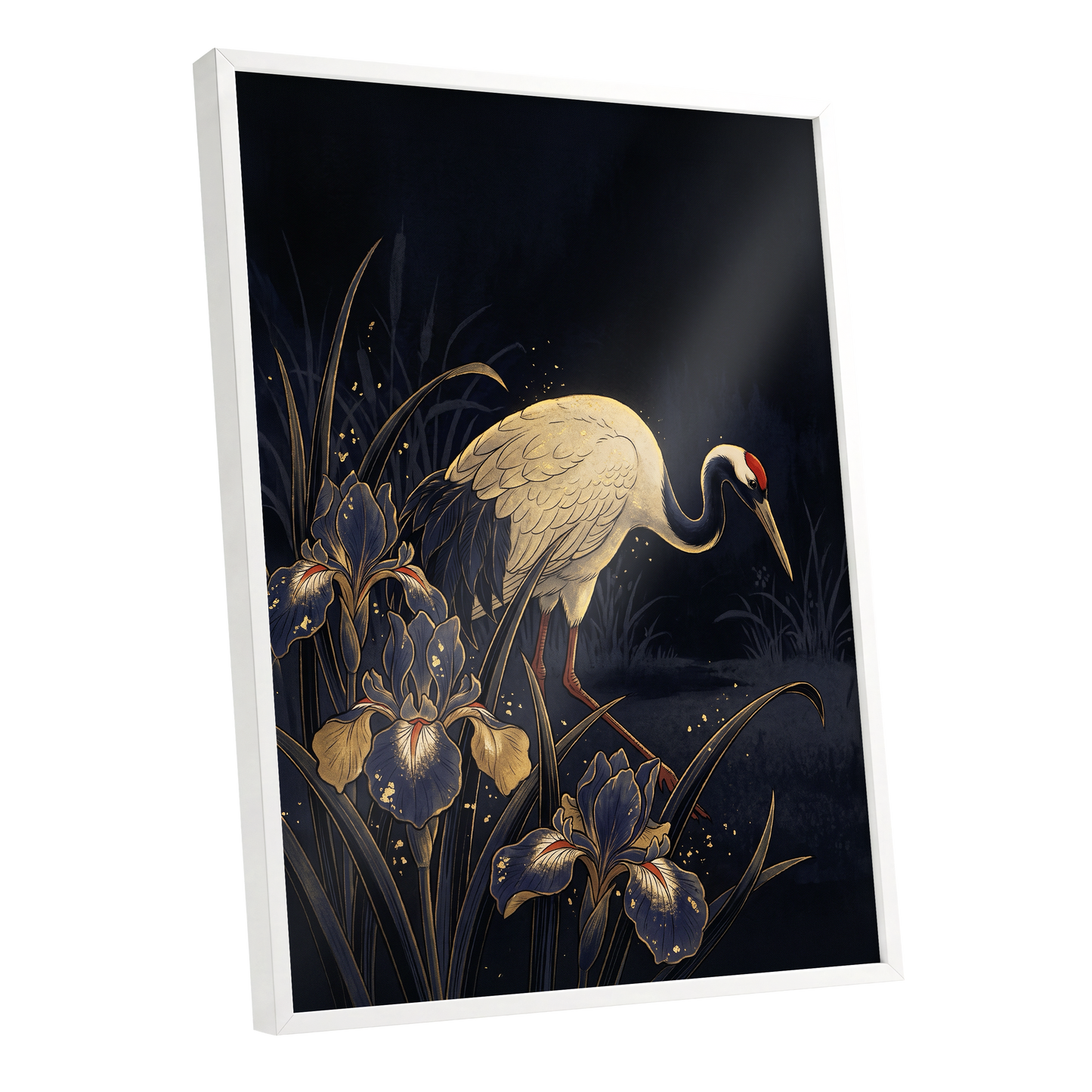 Crane Among Midnight Irises, black, blue, beige nature wall art shown as a white framed poster wall art print