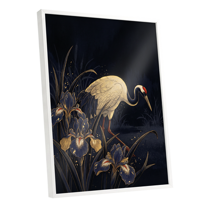 Crane Among Midnight Irises, black, blue, beige nature wall art shown as a white framed poster wall art print