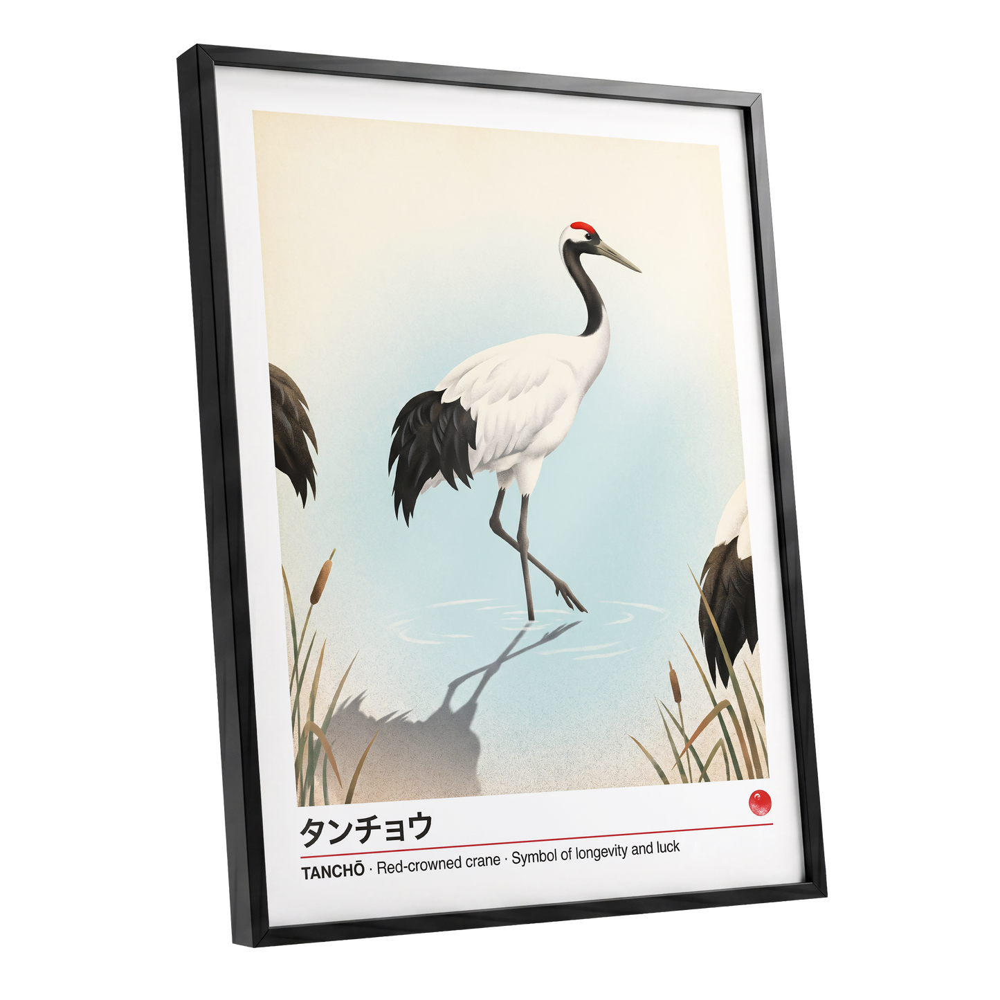 Crane at Quiet Water, white, blue, black nature wall art shown as a black framed poster wall art print