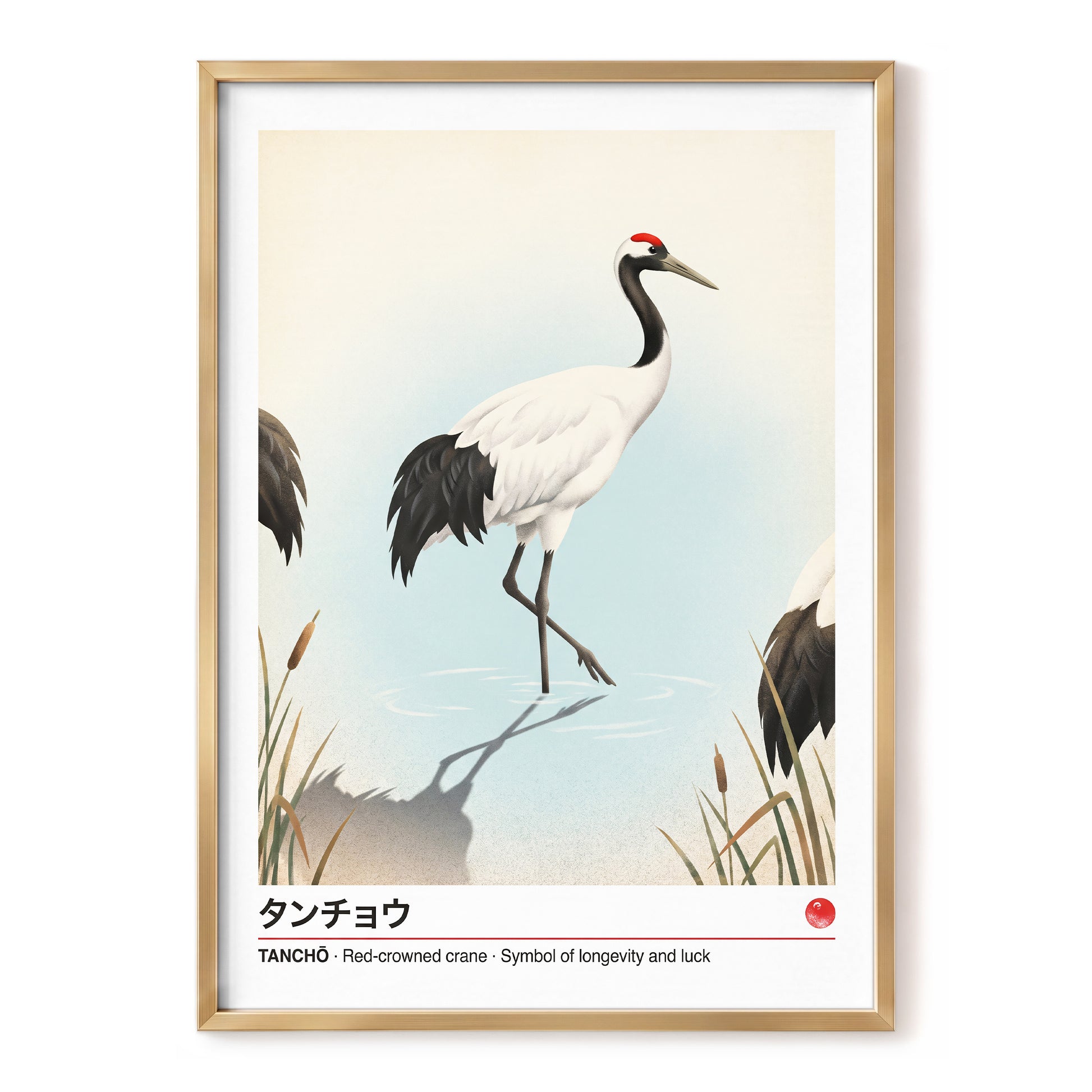 Crane at Quiet Water, white, blue, black nature wall art, front artwork view