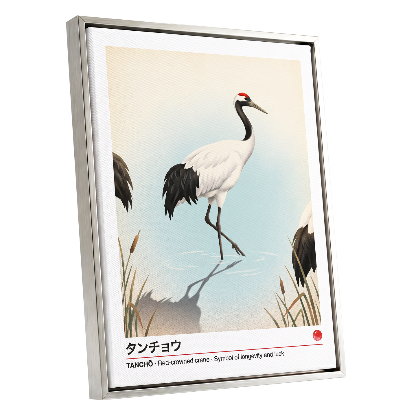 Crane at Quiet Water, white, blue, black nature wall art shown as a silver framed canvas wall art