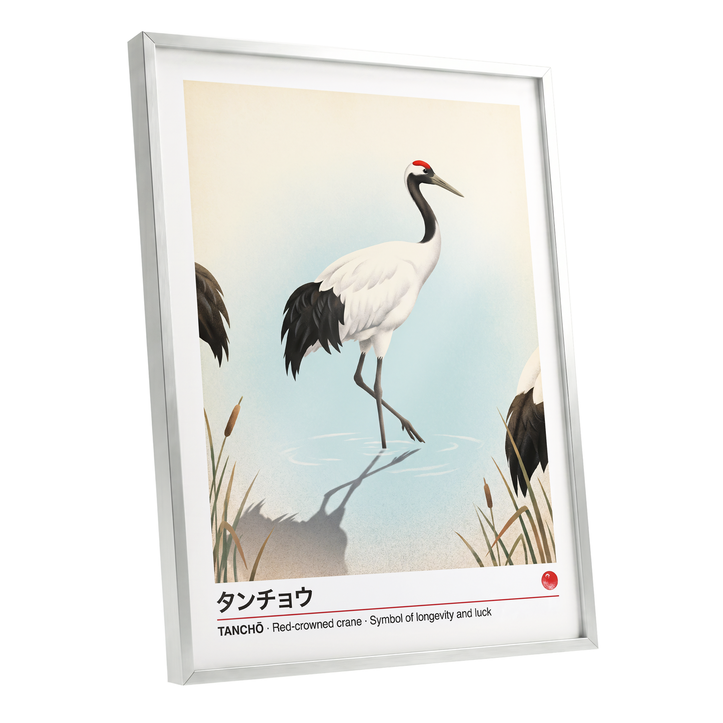 Crane at Quiet Water, white, blue, black nature wall art shown as a silver framed poster wall art print