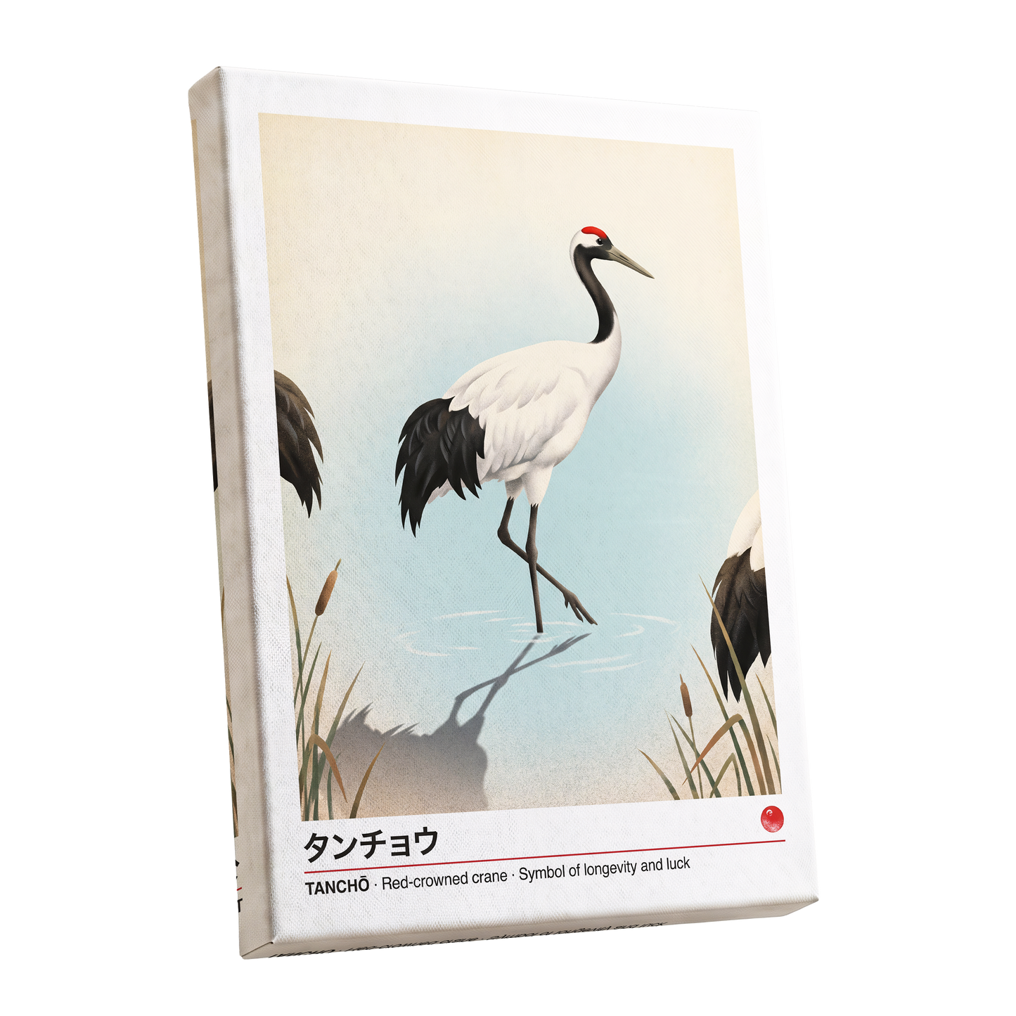 Crane at Quiet Water, white, blue, black nature wall art shown as a stretched canvas wall art