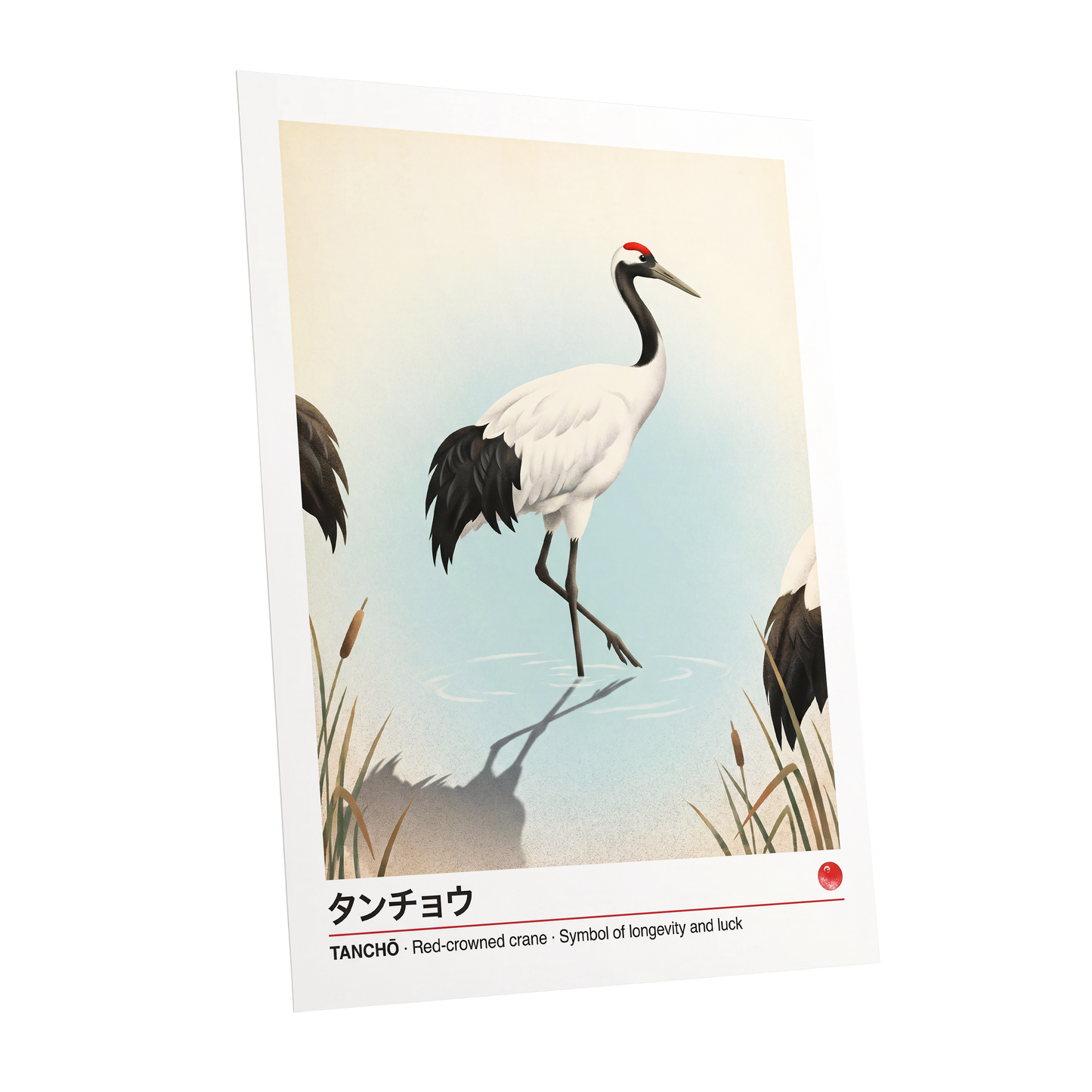 Crane at Quiet Water, white, blue, black nature wall art shown as a unframed poster wall art print