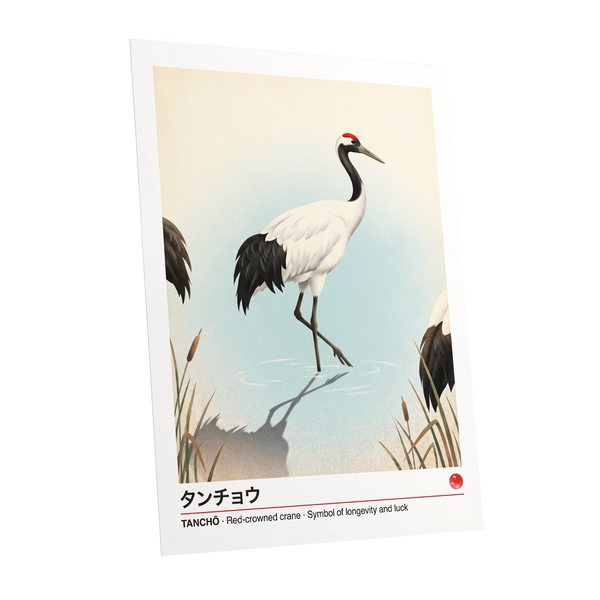 Crane at Quiet Water, white, blue, black nature wall art shown as a unframed poster wall art print