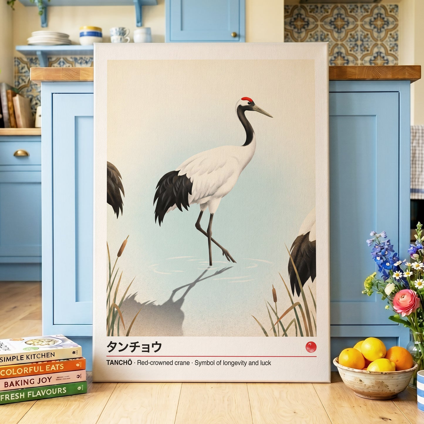 Crane at Quiet Water, white, blue, black nature wall art displayed in a styled interior, gallery view 3