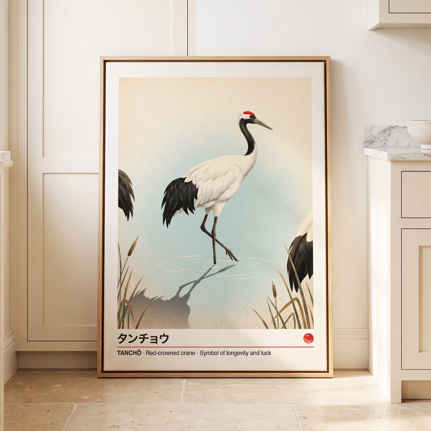 Crane at Quiet Water, white, blue, black nature wall art displayed in a styled interior, gallery view 4