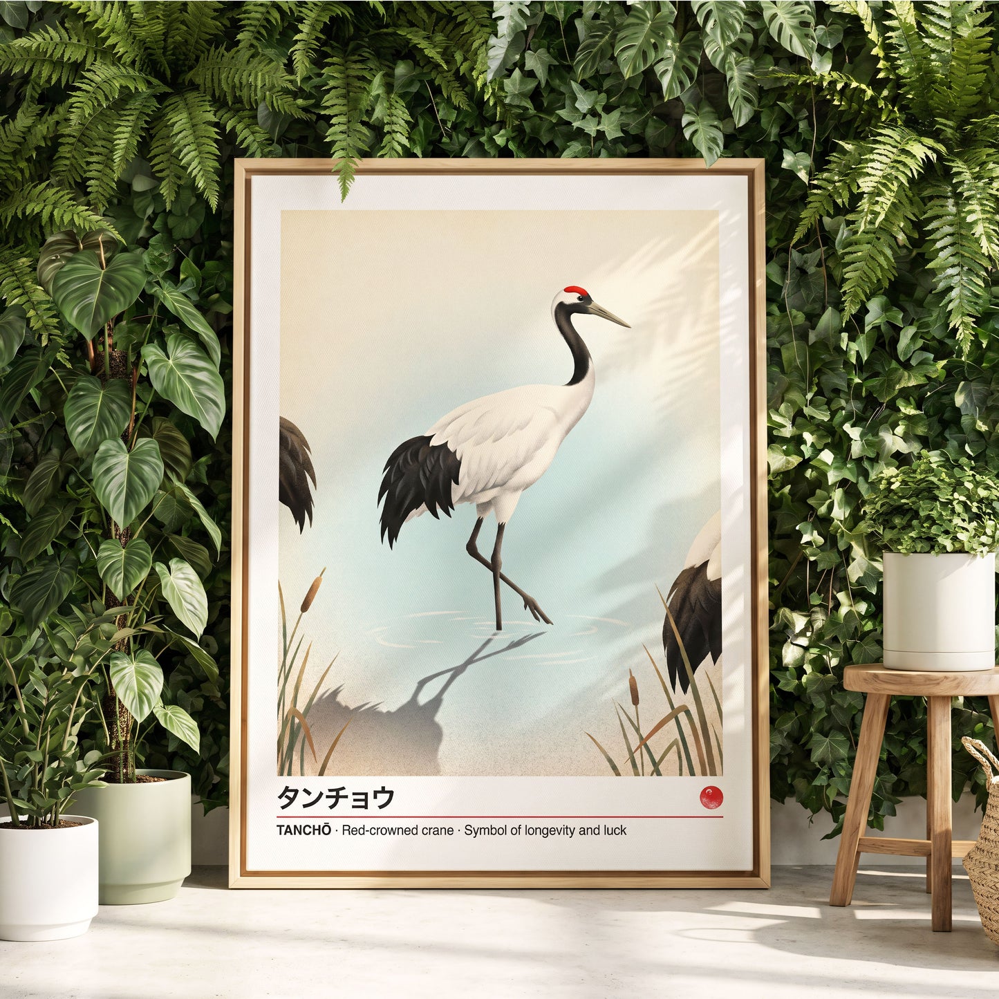 Crane at Quiet Water, white, blue, black nature wall art displayed in a styled interior, gallery view 8