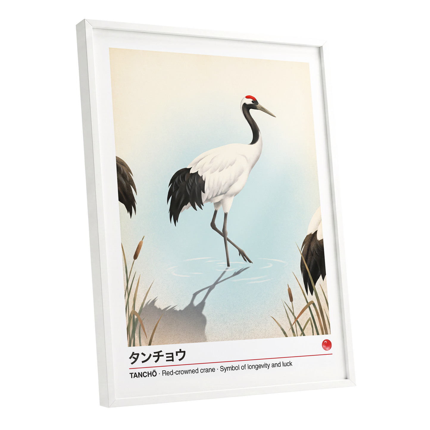 Crane at Quiet Water, white, blue, black nature wall art shown as a white framed poster wall art print