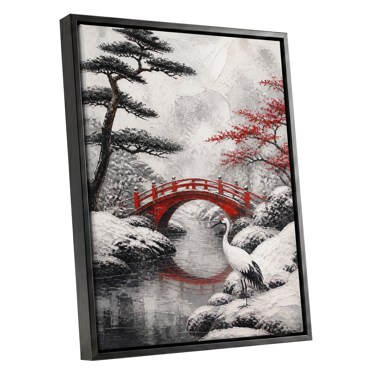 Crane at the Crimson Bridge, white, red, black nature wall art shown as a black framed canvas wall art
