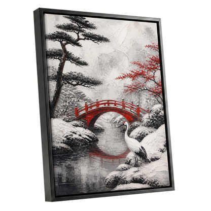 Crane at the Crimson Bridge, white, red, black nature wall art shown as a black framed canvas wall art