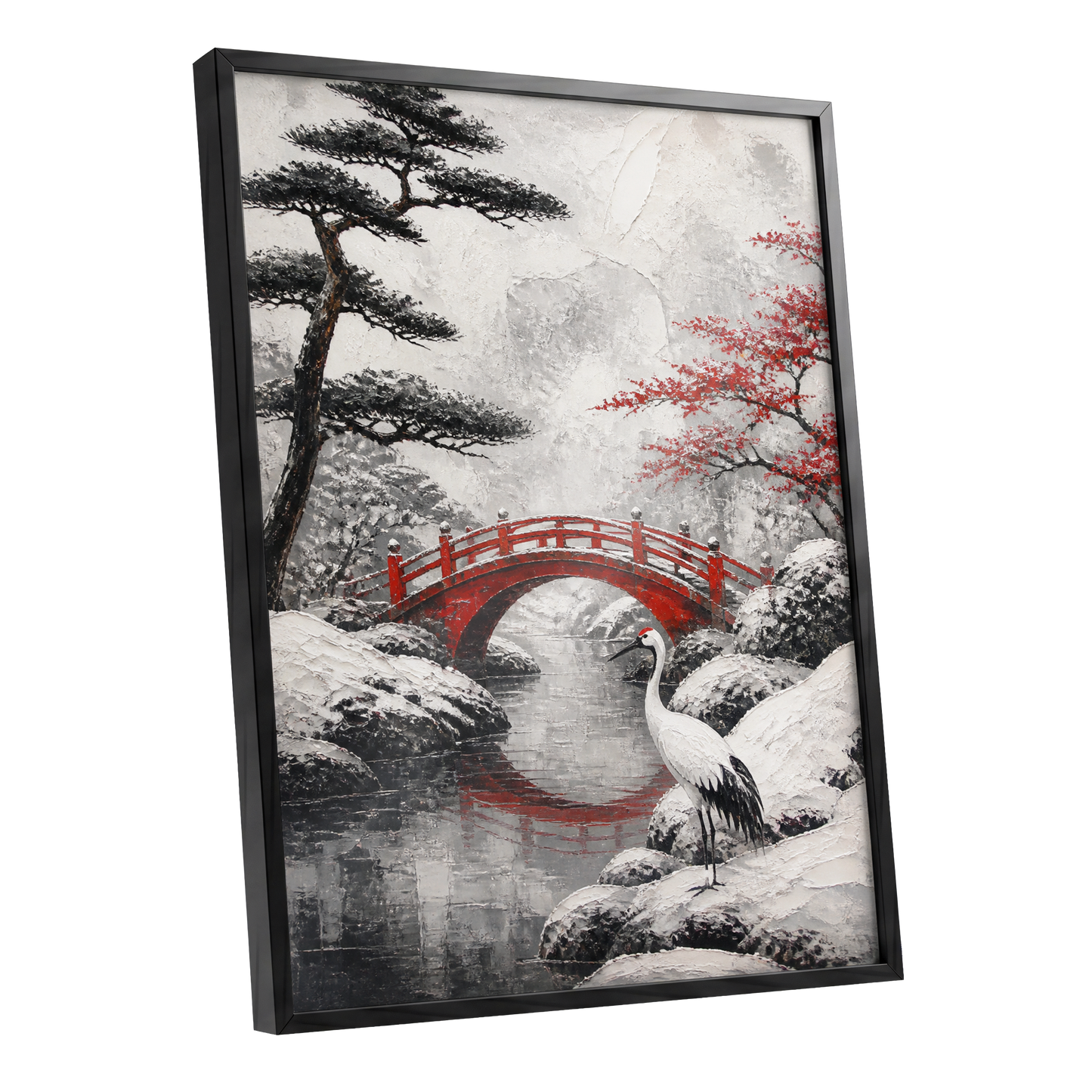 Crane at the Crimson Bridge, white, red, black nature wall art shown as a black framed poster wall art print