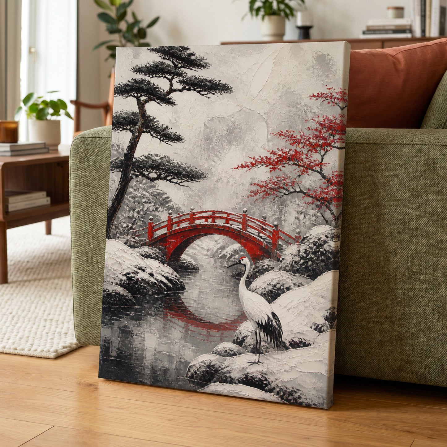 Crane at the Crimson Bridge, white, red, black nature wall art on canvas displayed in a styled interior, gallery view 1