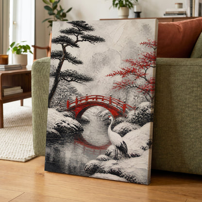 Crane at the Crimson Bridge, white, red, black nature wall art on canvas displayed in a styled interior, gallery view 1