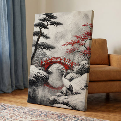 Crane at the Crimson Bridge, white, red, black nature wall art on canvas displayed in a styled interior, gallery view 2