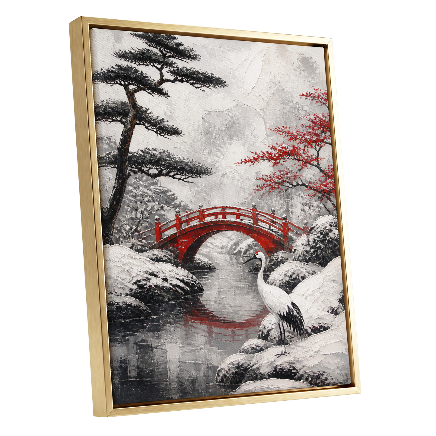 Crane at the Crimson Bridge, white, red, black nature wall art shown as a gold framed canvas wall art