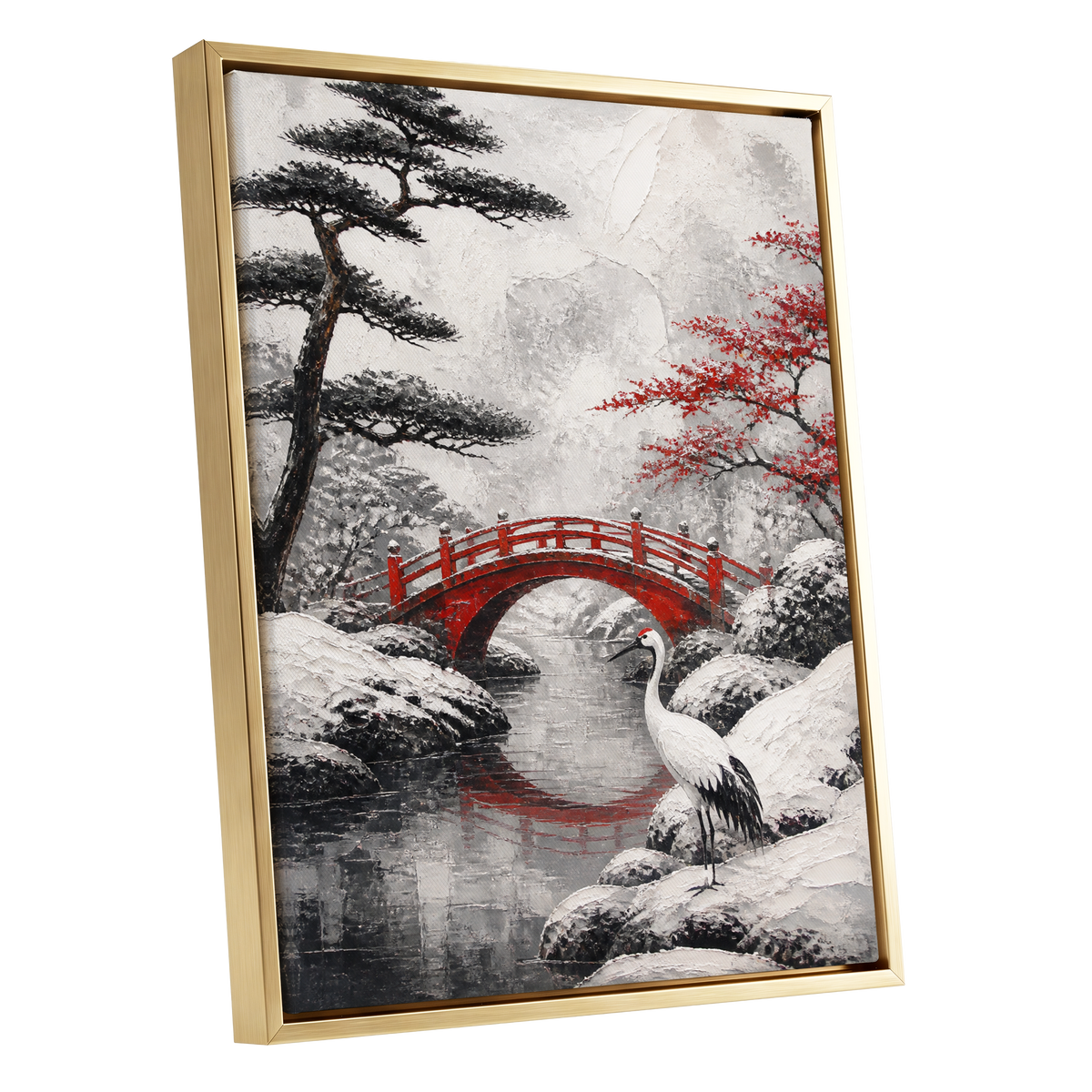 Crane at the Crimson Bridge, white, red, black nature wall art shown as a gold framed canvas wall art
