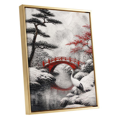 Crane at the Crimson Bridge, white, red, black nature wall art shown as a gold framed canvas wall art