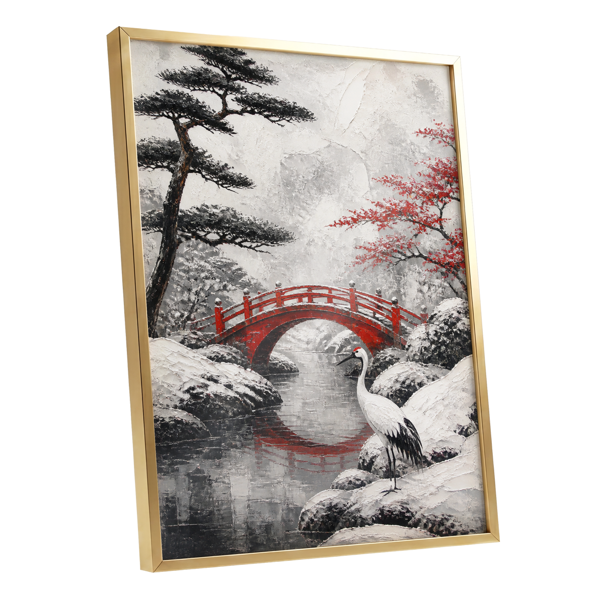 Crane at the Crimson Bridge, white, red, black nature wall art shown as a gold framed poster wall art print