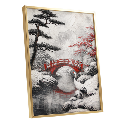 Crane at the Crimson Bridge, white, red, black nature wall art shown as a gold framed poster wall art print
