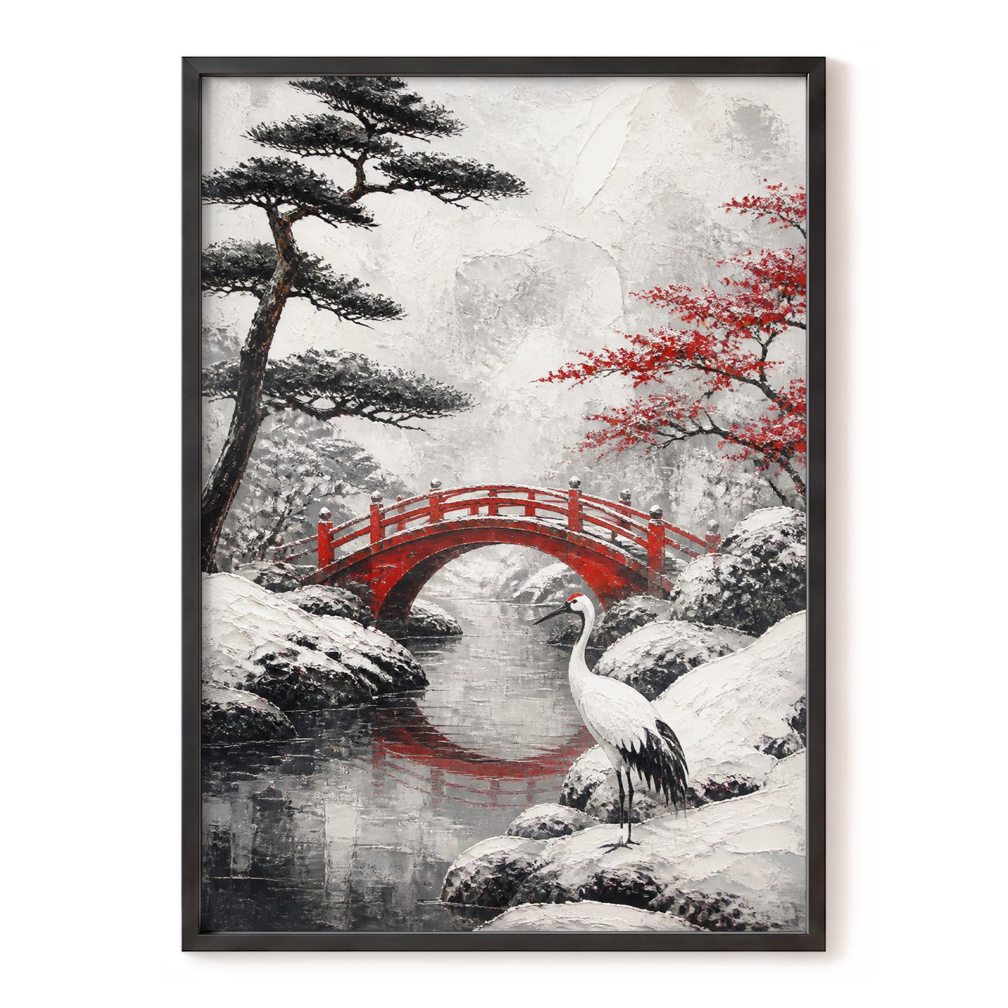 Crane at the Crimson Bridge, white, red, black nature wall art, front artwork view