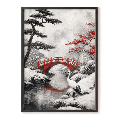 Crane at the Crimson Bridge, white, red, black nature wall art, front artwork view