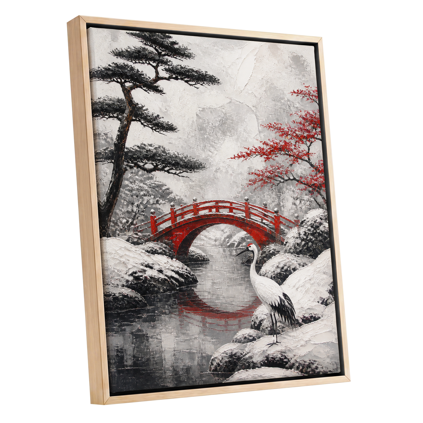 Crane at the Crimson Bridge, white, red, black nature wall art shown as a oak framed canvas wall art