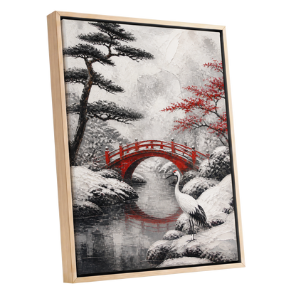 Crane at the Crimson Bridge, white, red, black nature wall art shown as a oak framed canvas wall art