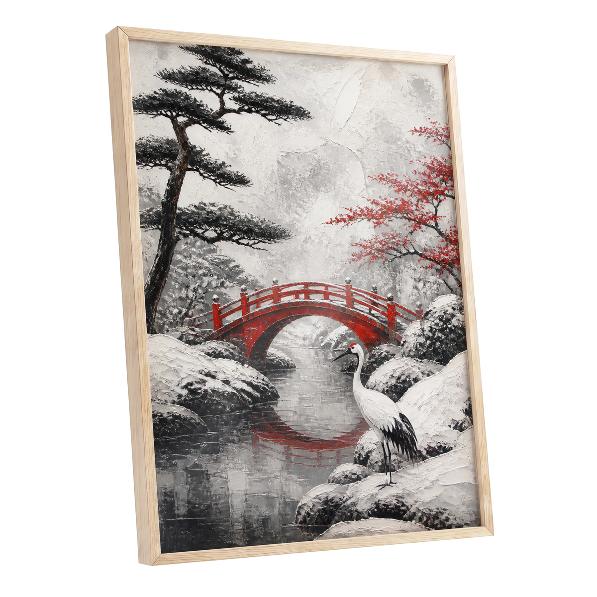 Crane at the Crimson Bridge, white, red, black nature wall art shown as a oak framed poster wall art print