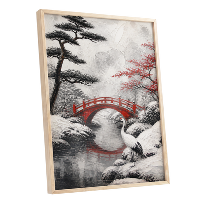 Crane at the Crimson Bridge, white, red, black nature wall art shown as a oak framed poster wall art print