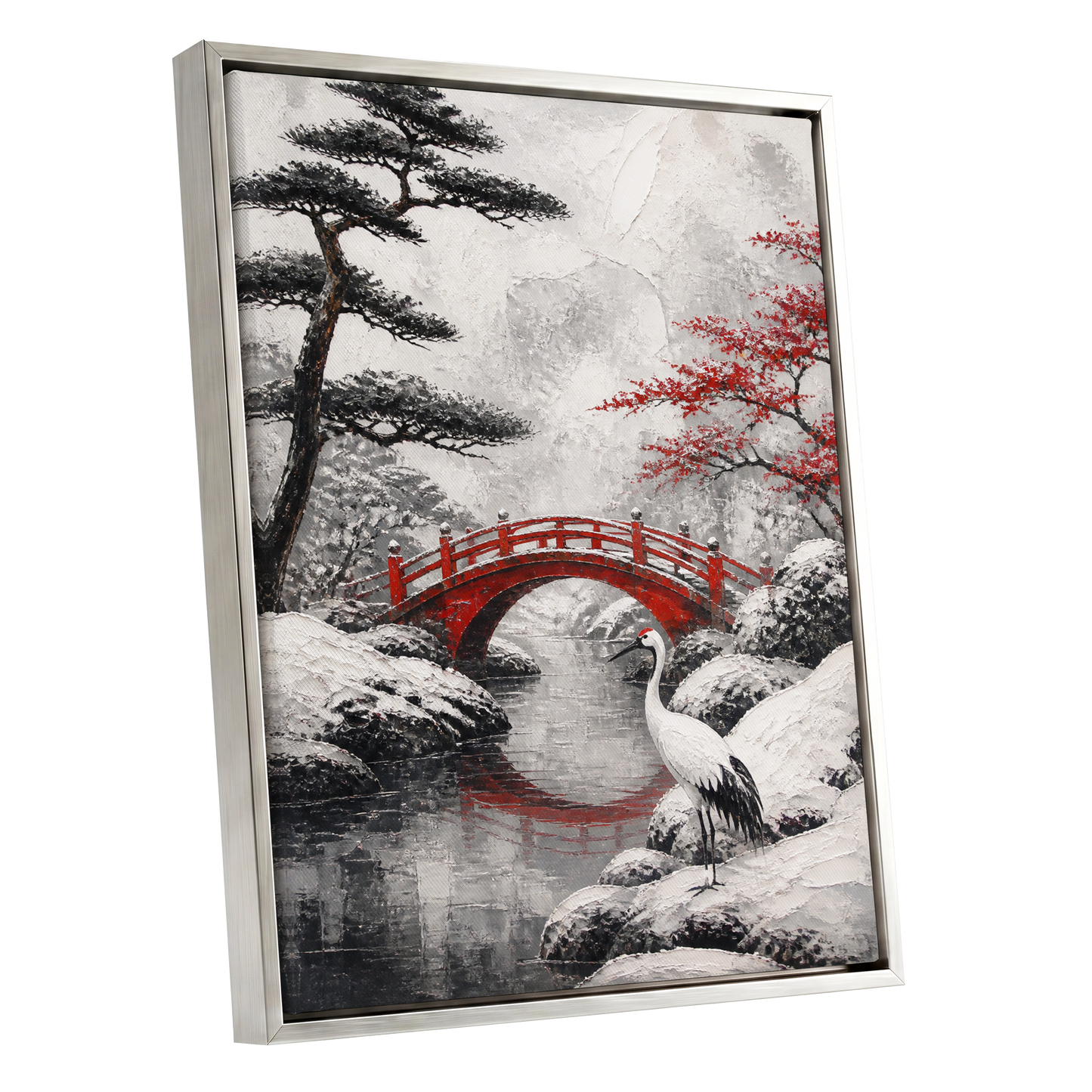 Crane at the Crimson Bridge, white, red, black nature wall art shown as a silver framed canvas wall art