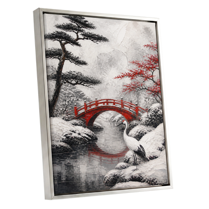Crane at the Crimson Bridge, white, red, black nature wall art shown as a silver framed canvas wall art