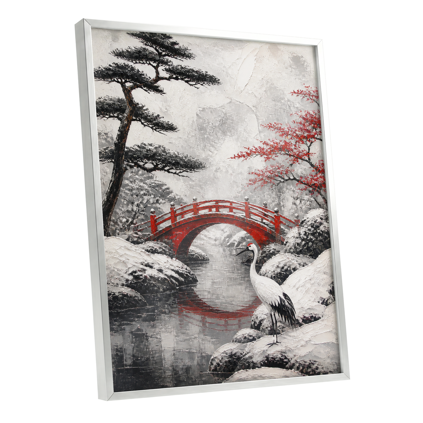 Crane at the Crimson Bridge, white, red, black nature wall art shown as a silver framed poster wall art print