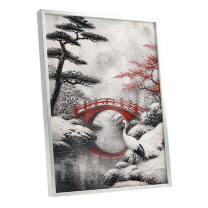 Crane at the Crimson Bridge, white, red, black nature wall art shown as a silver framed poster wall art print