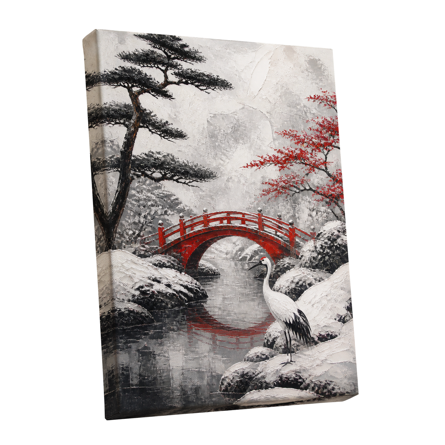 Crane at the Crimson Bridge, white, red, black nature wall art shown as a stretched canvas wall art