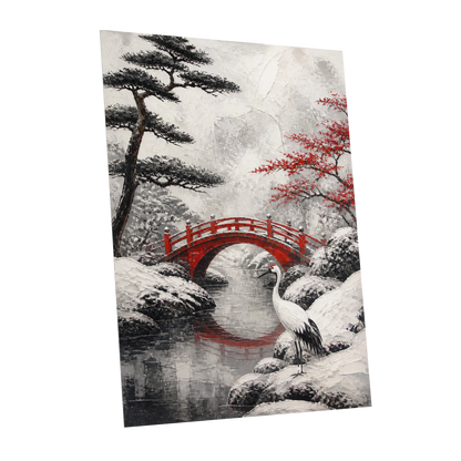 Crane at the Crimson Bridge, white, red, black nature wall art shown as a unframed poster wall art print