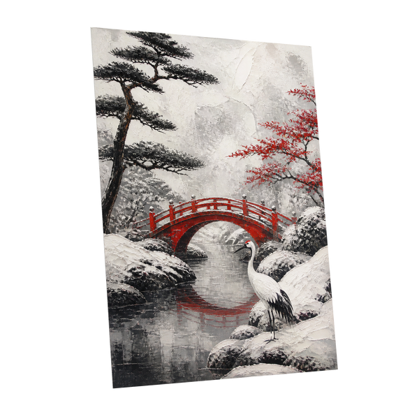 Crane at the Crimson Bridge, white, red, black nature wall art shown as a unframed poster wall art print