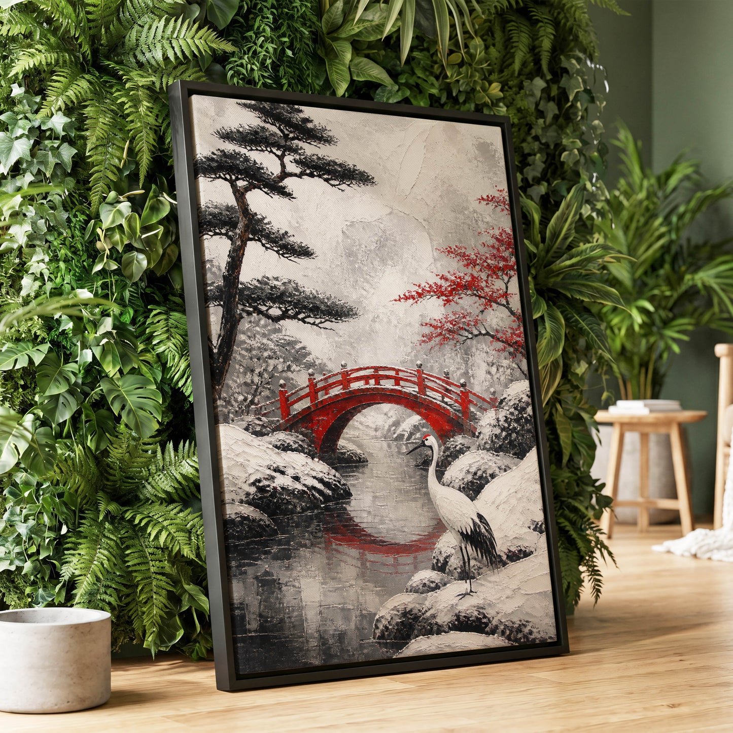 Crane at the Crimson Bridge, white, red, black nature wall art displayed in a styled interior, gallery view 1