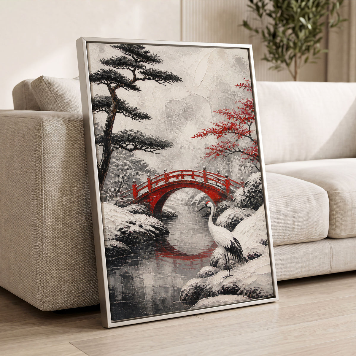 Crane at the Crimson Bridge, white, red, black nature wall art displayed in a styled interior, gallery view 2