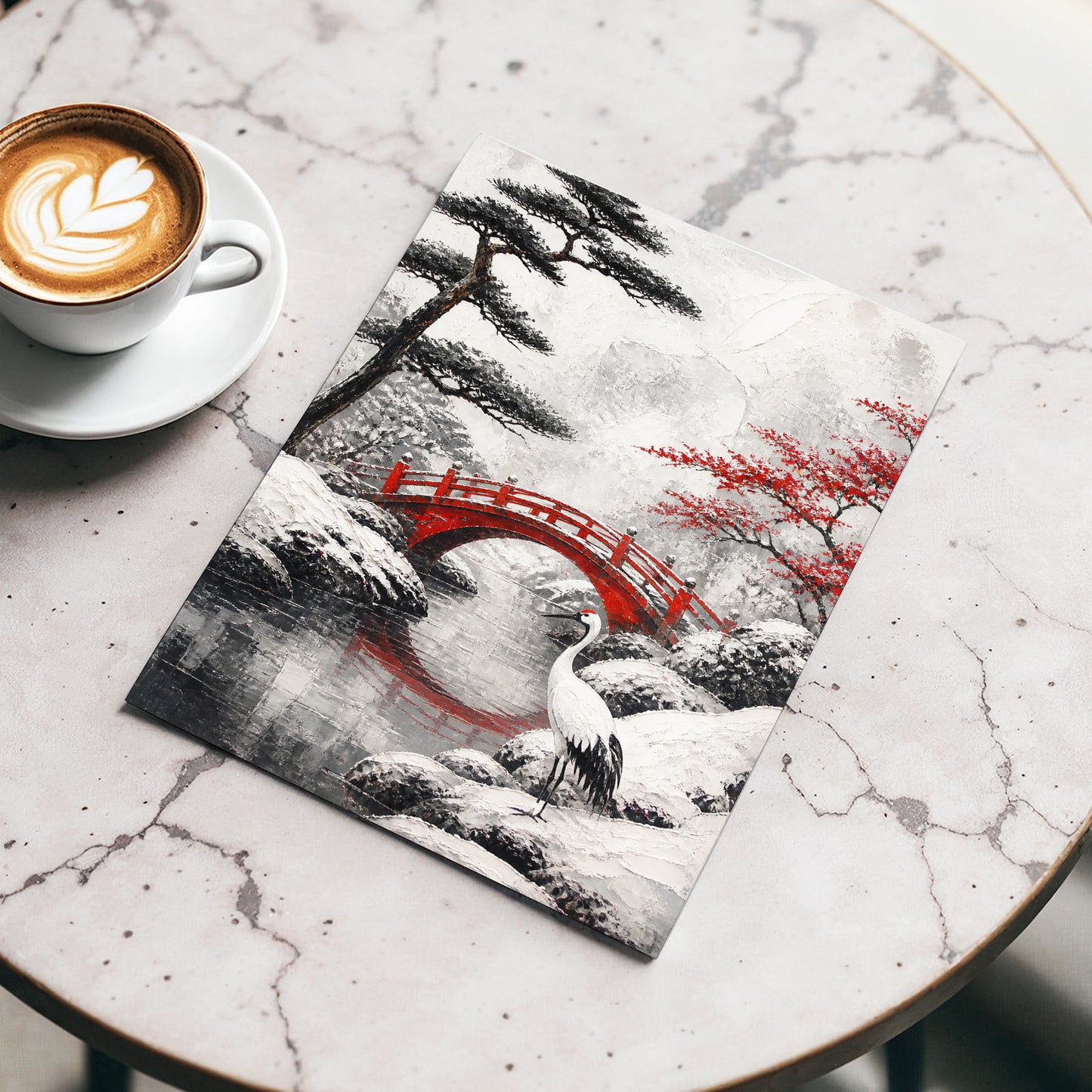 Crane at the Crimson Bridge, white, red, black nature wall art displayed in a styled interior, gallery view 3