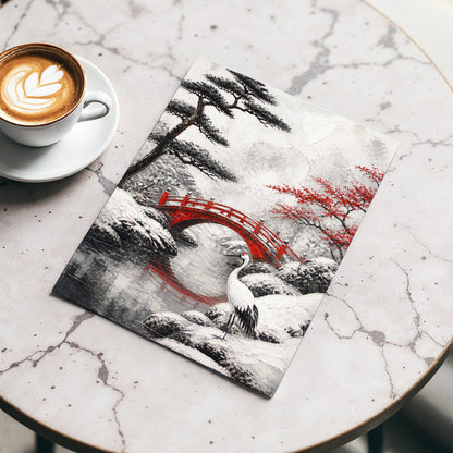 Crane at the Crimson Bridge, white, red, black nature wall art displayed in a styled interior, gallery view 3
