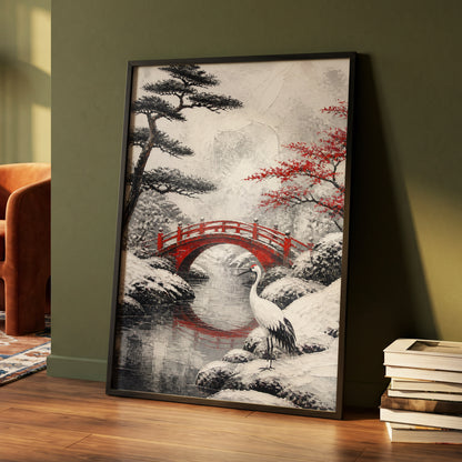 Crane at the Crimson Bridge, white, red, black nature wall art displayed in a styled interior, gallery view 4