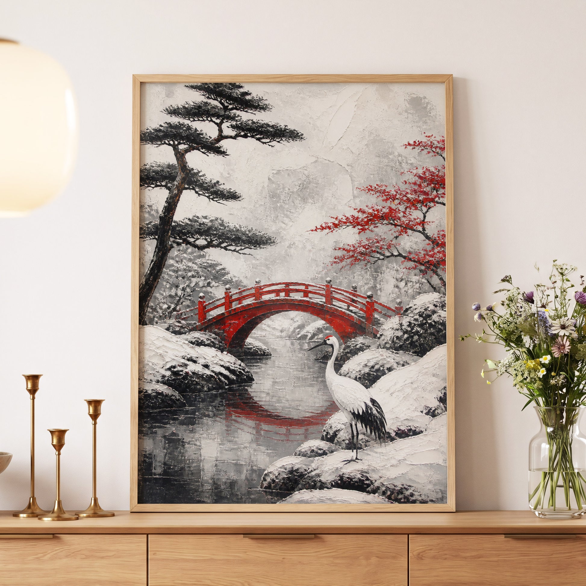 Crane at the Crimson Bridge, white, red, black nature wall art displayed in a styled interior, gallery view 5