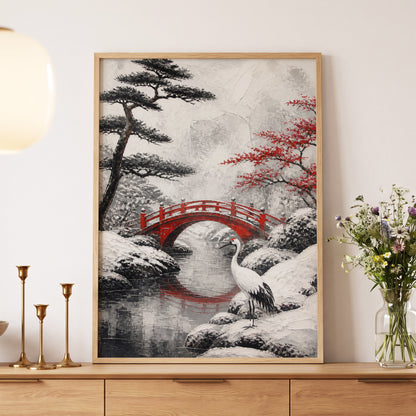 Crane at the Crimson Bridge, white, red, black nature wall art displayed in a styled interior, gallery view 5