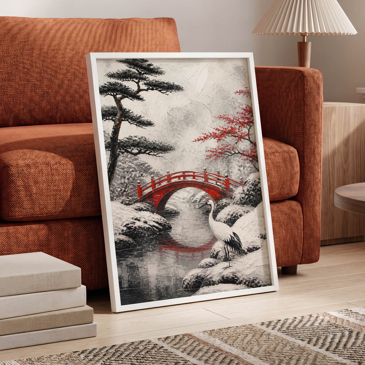 Crane at the Crimson Bridge, white, red, black nature wall art displayed in a styled interior, gallery view 6