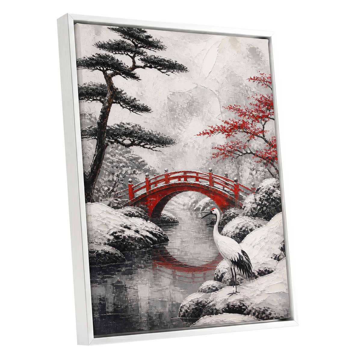 Crane at the Crimson Bridge, white, red, black nature wall art shown as a white framed canvas wall art