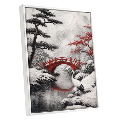 Crane at the Crimson Bridge, white, red, black nature wall art shown as a white framed canvas wall art