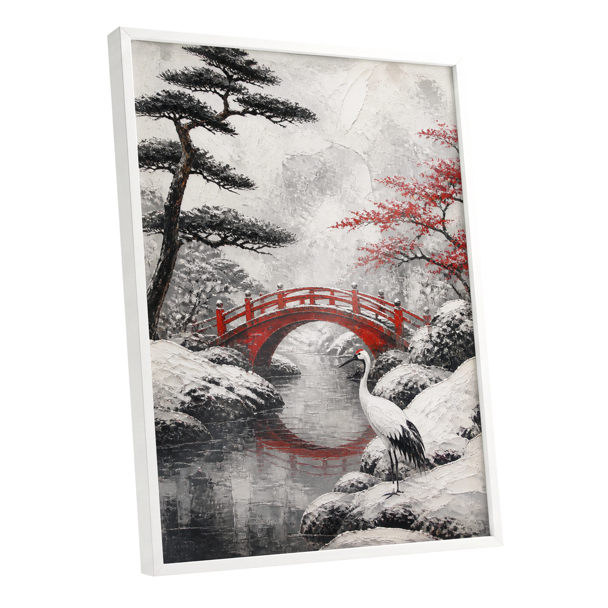 Crane at the Crimson Bridge, white, red, black nature wall art shown as a white framed poster wall art print