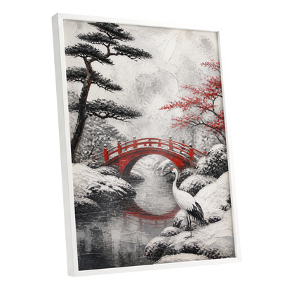 Crane at the Crimson Bridge, white, red, black nature wall art shown as a white framed poster wall art print