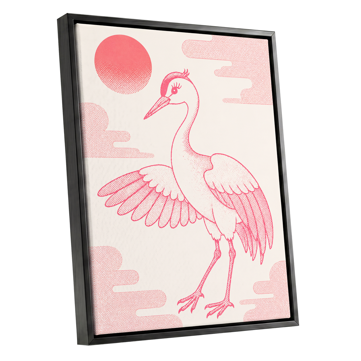 Crane in Blush Skies, pink, beige, white nature wall art shown as a black framed canvas wall art